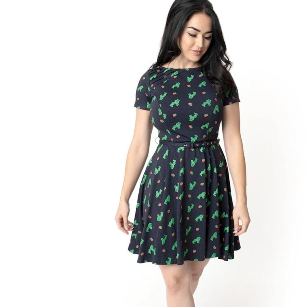 EUC Unique Vintage Cactus Fit and Flare Mini Dress, XL/14
